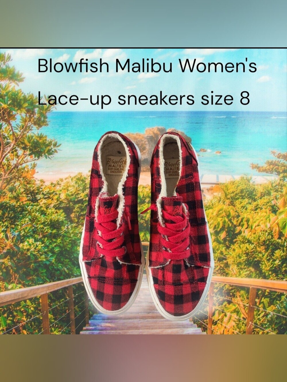 Blowfish Womens 8 Red Buffalo Plaid Lace-Up Sneakers Cotton Upper With Faux Fur